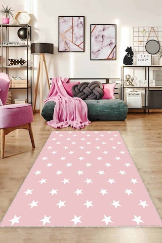 Pembe Yıldızlı Kaymaz Taban Makinede Yıkanabilir Halı Yld02n11
