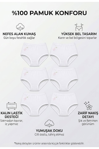 6Lı Seher Kadın Yüksek Bel Külot Işlemeli Pamuklu Bato Slip