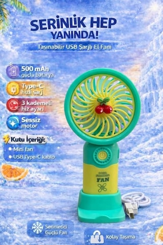 Fit Turkuaz Mini Taşınabilir Sessiz El Fanı 3 Hız Ayarlı Mini El Pervanesi Soğutucu-vantilatör