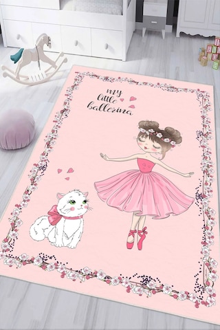 Pembe Balerin Desenli Baskılı Yıkanabilir Kaymaz Kız Çocuk Odası Anaokulu Kreş Halısı