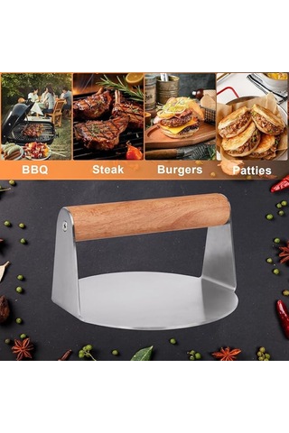 Yuvarlak Smash Burger Presi,16 Cm ,3 Mm 304 Paslanmaz Çelik Ahşap