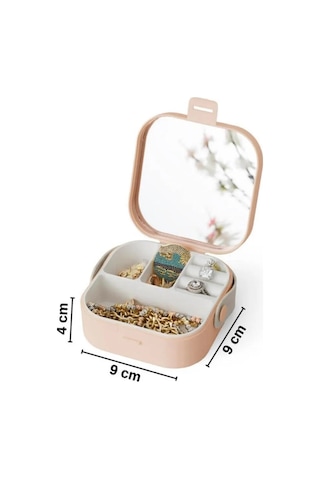 Taşınabilir Makyaj Takı Kutusu Mini Boy Aynalı Organizer Krem