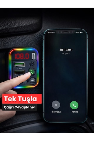 Bluetooth Araç İçi Fm Transmitter Pd + 3.1a Hızlı Şarj Çift Usb Rgb Led Ekranlı Müzik Çalar