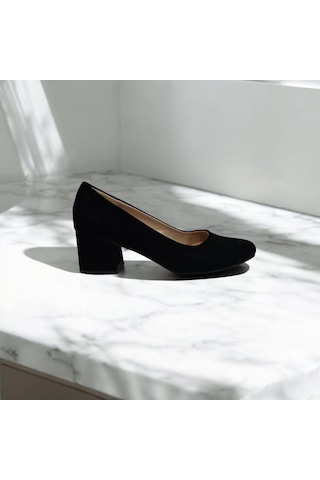Fiyra 7028 Siyah Süet 5cm Kare Topuklu Bayan Stiletto Ayakkabı Siyah Süet