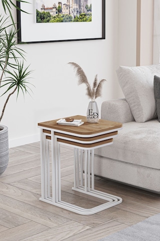 Lyon 3'lü C Zigon Sehpa Beyaz Metal - Atlantik Çam Tabla