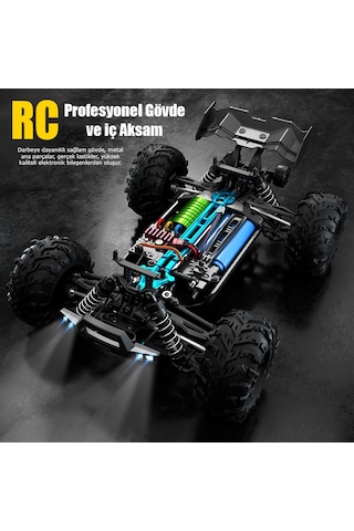 Profesyonel Rc Uzaktan Kumandalı Araba 4wd 1:16 Metal İç Aksam 70km/h Şarjlı 4x4 Model Araç - Mavi