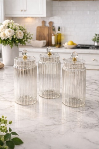 Qerhome 3'lü Borosilikat Cam Optik Çizgili Kristal Gold Kapaklı Kavanoz Seti 1100 Ml Şeffaf