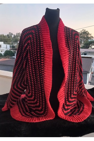 Artepieza Bohem Kırmızı Siyah Koton Tamamen El Örgüsü Sonbahar Hırkası- Salaş Zigzag Desenli Koton Hırka Kırmızı - Siyah