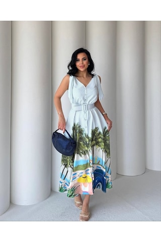 Meryu Ticaret Kadın Elbise Palmiye Desen Omuzları Fiyonklu Kemerli Mavi