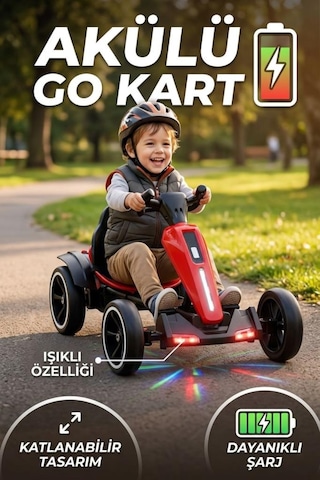 Uzaktan Kumandalı Işıklı 12v Akülü 35kg Taşıma Kapasiteli 7km/h Hızlı Çift Motorlu Çocuk Gokart Kırmızı
