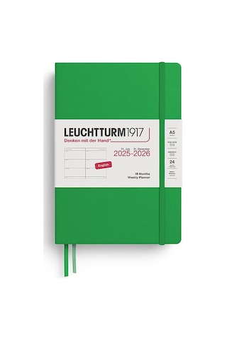 Leuchtturm1917 Orta Boy A5 18 Aylık Haftalık Ajanda 2026 Sert Kapak, İngilizce, Spring Leaf372811 Yeşil