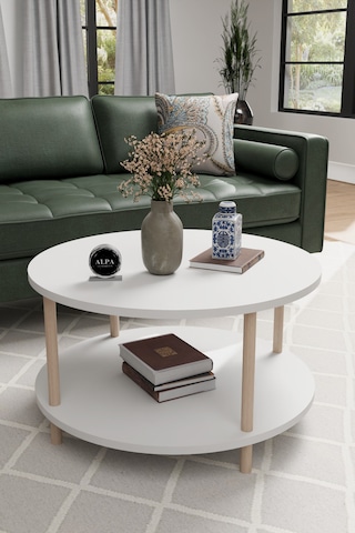Alpaevmobilya Modern Yuvarlak Orta Sehpa 60 Cm 2 Raflı Ahşap Ayaklı Çok Amaçlı Organizer Sehpa Beyaz