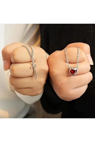 Gümüş Renk Kırmızı Taş Kalp Çift Kolyesi Çelik Kolye - 3410 Gümüş