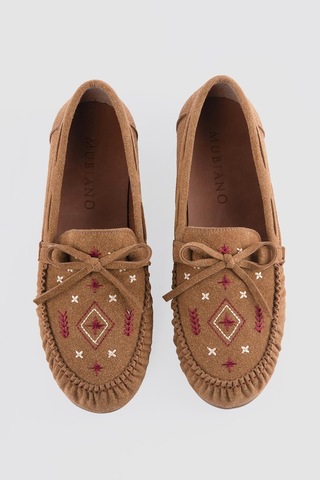 Kadın Süet Loafer Nakışlı Bağcıklı Ayakkabı Helia Taba Taba