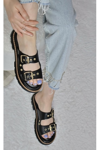 Asmi Shoes Kadın Çift Bant Kapsül Detaylı Kalın Taban Ortopedik Terlik Siyah Siyah