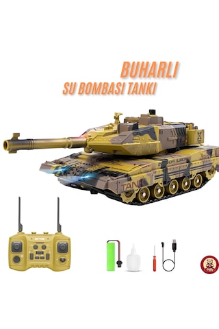 Oyuncak 2.4 Uzaktan Kumandalı Su Bombası Atan Tank Buharlı 1200 Şarjlı Sesli Gövdesi 360 Hareketli Gövde Sarı