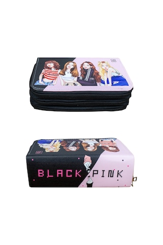 Kalem Kutusu Black Pink Orginazer Vegan Deri Üç Bölmeli Kalemlik