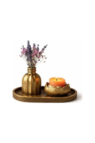 Mireva Lotus Tealight Mumluk Ve Mini Vazo Seti Dekoratif Tepsi Üzerinde Altın Renk Mumluk Seti, Masa & Sehpa E Diğer