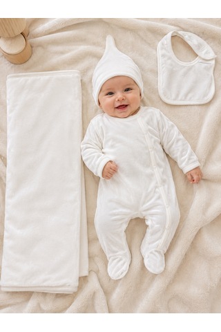 Babyhola Kadifeli Patikli Yenidoğan 4 Lü Hastane Çıkışı Seti 7074 Ekru