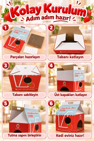Çilek Desenli Karton Kedi Evi Katlanabilir Süt Kutusu Tasarımı, Tırmalama Pedi Hediyeli Sempatik K