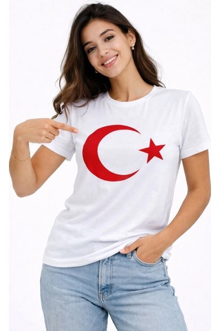 Wear Vexel Kadın T-shirt Kısa Kol Bisiklet Yaka Ay Yıldız Bayrak Baskılı Tişört - Beyaz Beyaz
