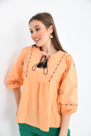 Kadın Bisiklet Yaka Balon Kol Otantik Nakış Detaylı Dokuma Bluz Turuncu