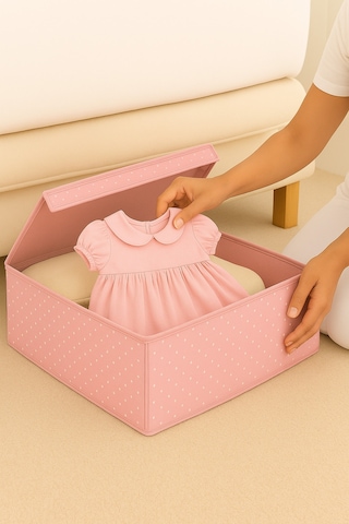 Serstil Sert Karton Pembe Puantiyeli Kapaklı Baza Altı Kutu Hurç Organizer Pembe Puantiye
