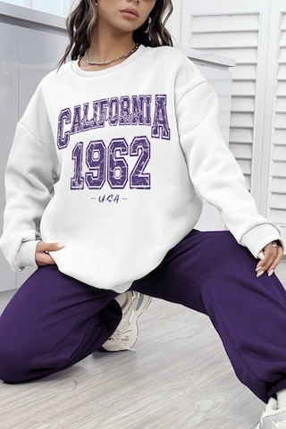 Modagen Unisex Mor Beyaz Bisiklet Yaka California Baskılı Alt-üst Eşofman Takımı Mor-beyaz