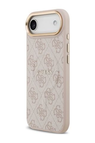 Apple Uyumlu iPhone 17 Air Kılıf Guess Lisanslı M-safe Şarjlı Gold Kamera Çerçeveli Pu Deri Yazı Logolu Pembe