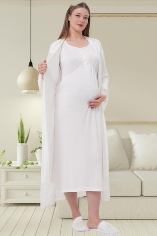 Mecit Pijama Mecit 6204 Bayan Ekru Hamile Lohusa Sabahlık Gecelik Takım