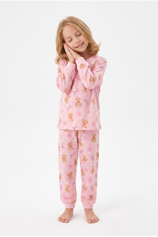 Bunny Hopp Kız Çocuk Uzun Kollu Pijama Takımı %100 Pamuk Ayıcıklı Ve Kalp Desenli Penye Pembe