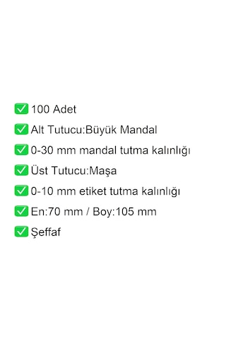 Etiket Kart Tutucu / Maşalı / Büyük Mandal / Şeffaf / 70x105 Mm / 100 Adet
