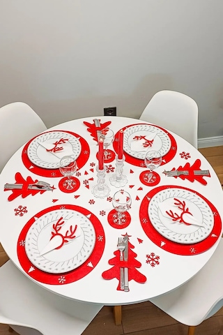 Yılbaşı Temalı Supla Seti 4 Kişilik Kırmızı Keçe, 3mm, Bardak Altlığı Ve Peçetelikli Kırmızı
