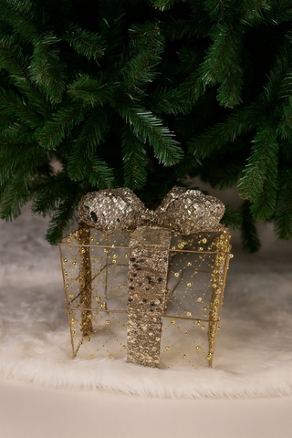 25x25 Cm Yılbaşı Hediye Paketi Metal Süs - Gold Gümüş Payetli Boncuklu Lüks Noel Ağaç Altı Dekorasyonu Diğer