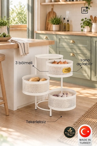 River World Tekerleksiz Rengi Krem Açılabilen 3 Katlı Çok Amaçlı Metal Raf Mutfak, Balkon, Kiler Çok Renkli