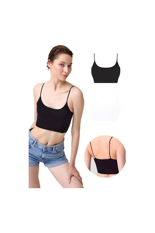 Cottonhill Pamuklu İnce Askılı Kadın Crop Top Büstiyer 2'li Paket Renkli Çok Renkli