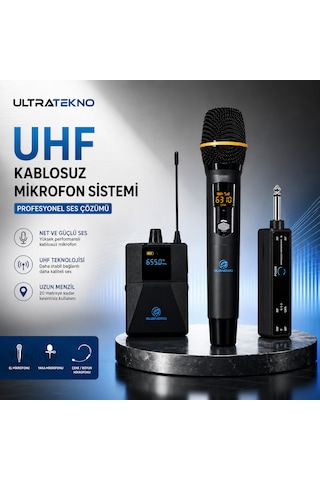 Ultratekno Uhf Kablosuz Mikrofon Seti El Yaka Çene Mikrofonlu 6.5 Mm Alıcılı 3.5 Mm Çeviricili Şarjlı Profesyonel Ses Sistemi