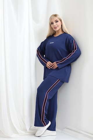 Kadın Büyük Beden Uzun Kollu Şerit Detaylı Oysho Tarzı Modal Kumaş Takım Lacivert