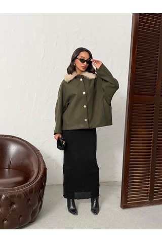 Verymoda Peluş Yakalı Dügmeli Kaşe Mont F2048 Haki