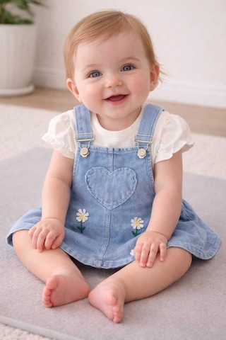 Bebexo Kıds Kız Bebek Salopet Papatya Nakışlı Kot Jile Ve Bluz Takım/bayramlık Elbise 6-9/9-12/12-18/18-24 Ay Mavi Mavi