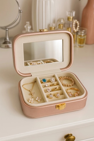 Deri Mini Seyahat Takı Bijuteri Mücevher Kutusu Organizer Düzenleyici 15cm Pembe İthal Ürün