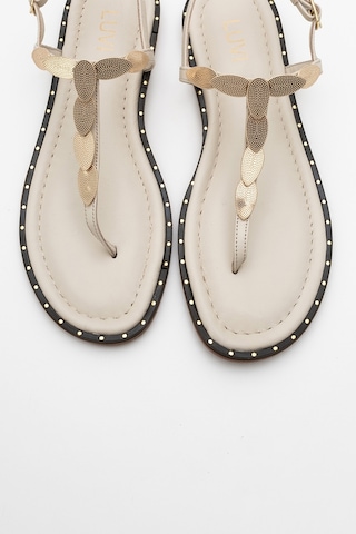 Marea Bej Hakiki Deri Parmak Arası Gold Tokalı Kadın Sandalet Bej