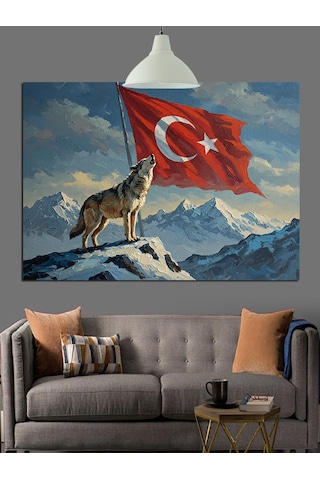 Dağ Başında Türk Bayrağı Dekoratif Kanvas - Mdf Ahşap Tablo