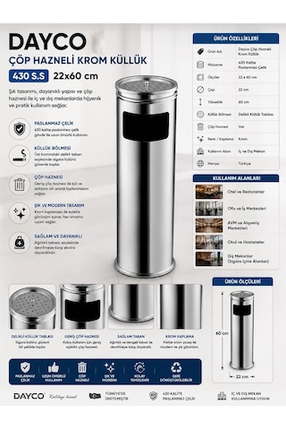 Dayco Çöp Hazneli Krom Küllük 430 S.s 22x60 Cm Çok Renkli