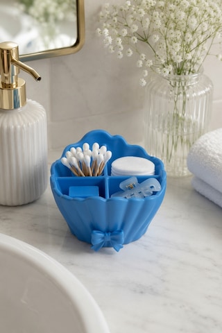 Deniz Kabuğu Fiyonklu 4 Bölmeli Mini Organizer, Makyaj Takı Kalem Takı Kutusu Masa Düzenleyici Mavi
