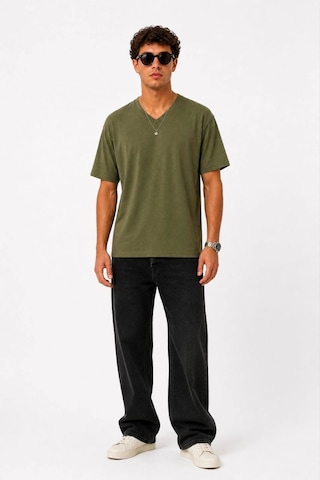 Erkek V Yaka Basic Tişört Kısa Kol Yazlık Regular Fit T-shirt - Haki Çok Renkli