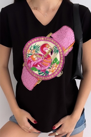 Femelle Kadın Siyah V Yaka Flamingo Saat Pul Payet İşlemeli %100 Pamuk Tişört