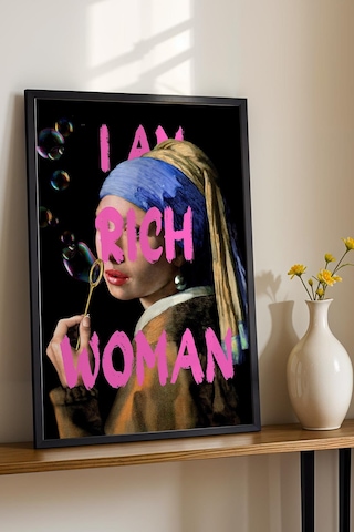 İnci Küpeli Kız I Am Rich Woman Eğlenceli İronik Sanat Çerçeveli Tablo Yeni Eve Hediye Altered Art