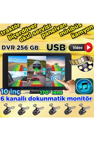 Ledsiz Kelebek Kamera 170'' Ahd 720p Rca 6 Kanallı 10 İnç Dokunmatik Usb Bsd Dvr Ekran 12 Volt