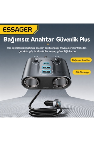 Essager 150w Araç Çakmaklık Çoklayıcı 2 Çakmaklık + 3 Usb-a + 2 Type-c 30w Hızlı Şarj 12v-24v Uyumlu